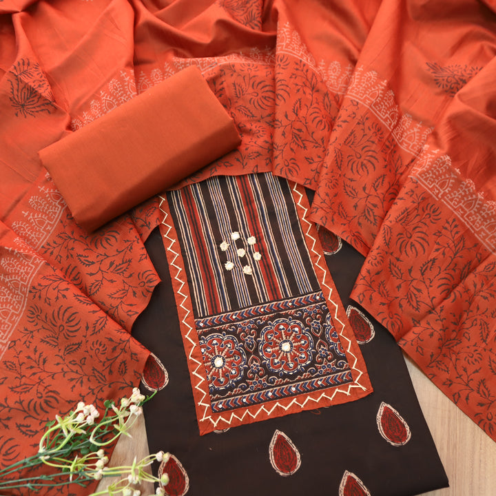 Dashtaan Night Black Kutch Patch with Thread Work Ajrak Printed Cotton Suit Set