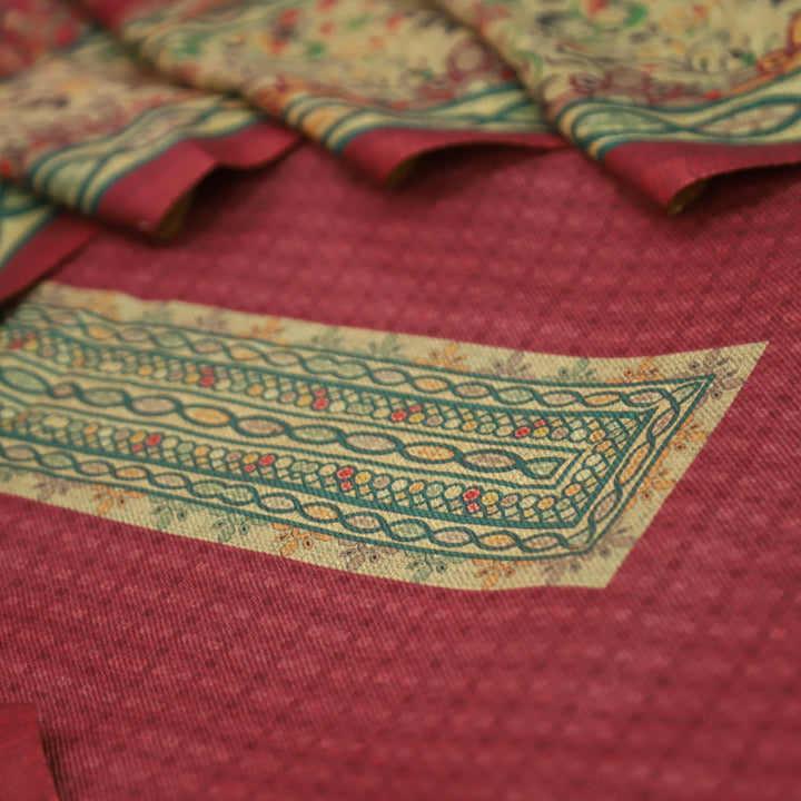 आरती Apple Red Digital Kanni Printed Hem Semi Pashmina Winter Set