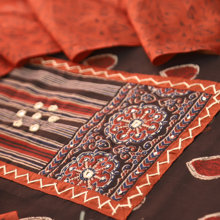 Dashtaan Night Black Kutch Patch with Thread Work Ajrak Printed Cotton Suit Set