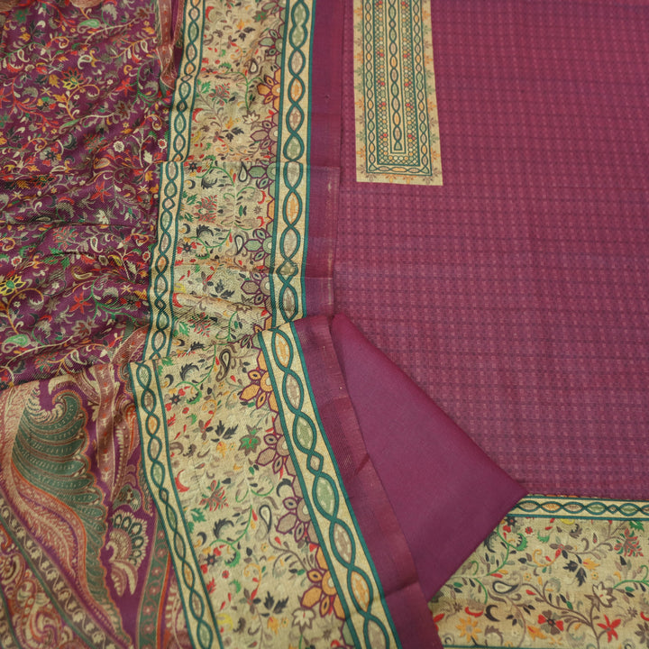 आरती Mauve Purple Digital Kanni Printed Hem Semi Pashmina Winter Set