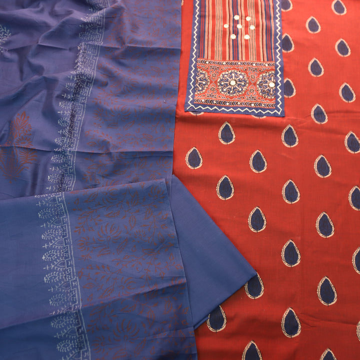 Dashtaan Tomato Red Kutch Patch with Thread Work Ajrak Printed Cotton Suit Set