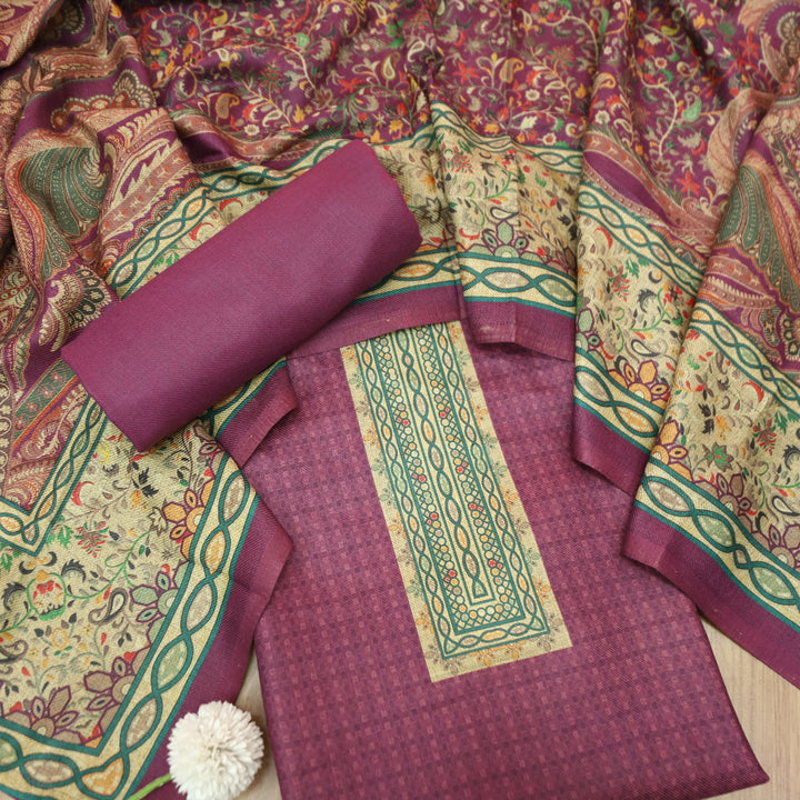 आरती Mauve Purple Digital Kanni Printed Hem Semi Pashmina Winter Set