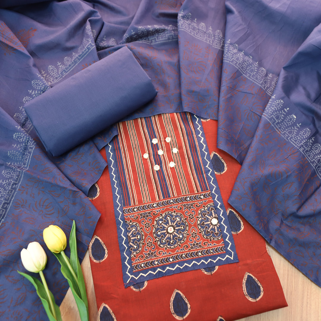 Dashtaan Tomato Red Kutch Patch with Thread Work Ajrak Printed Cotton Suit Set