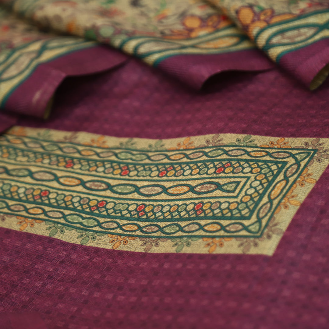 आरती Mauve Purple Digital Kanni Printed Hem Semi Pashmina Winter Set