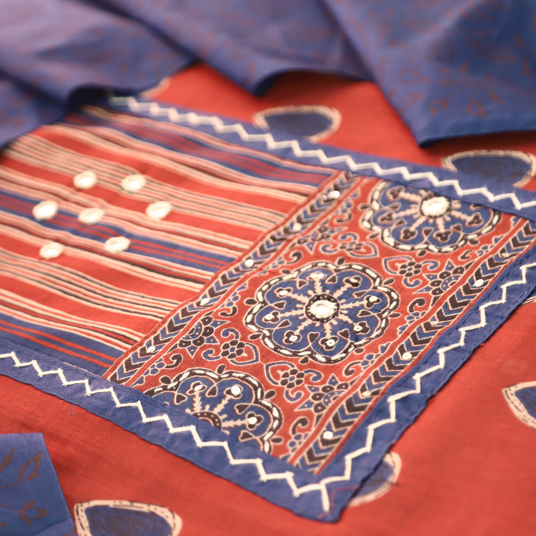 Dashtaan Tomato Red Kutch Patch with Thread Work Ajrak Printed Cotton Suit Set