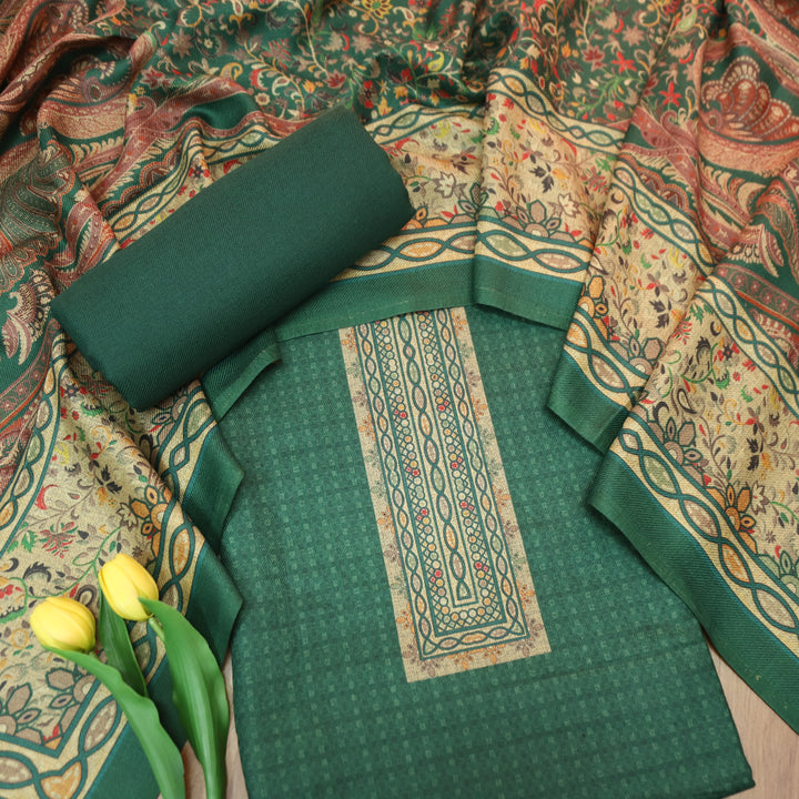 आरती Emerlad Green Digital Kanni Printed Hem Semi Pashmina Winter Set