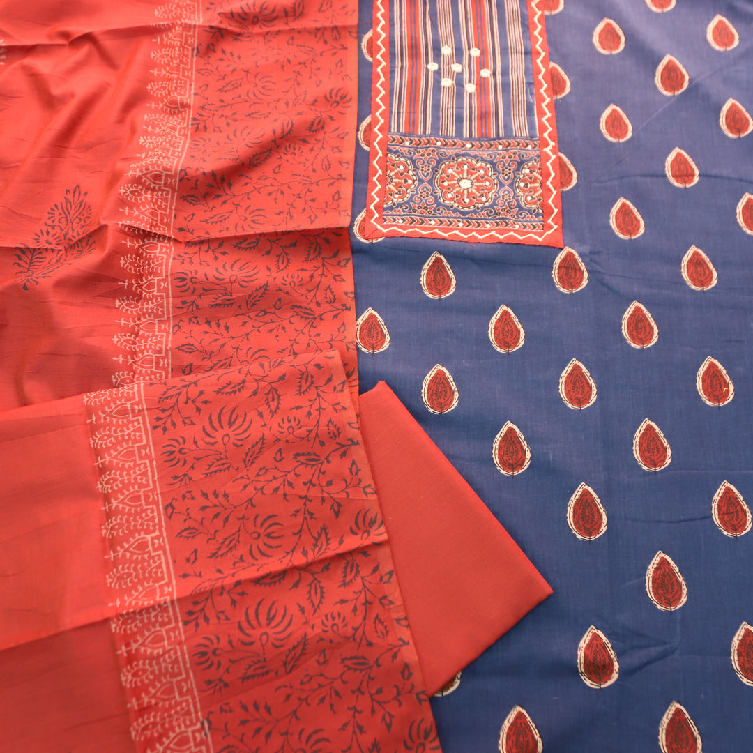 Dashtaan Prussian Blue Kutch Patch with Thread Work Ajrak Printed Cotton Suit Set