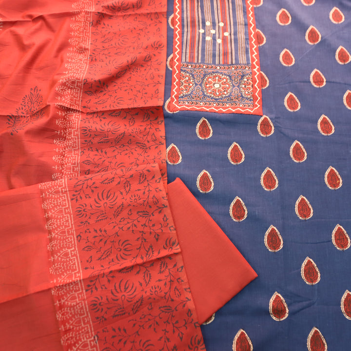 Dashtaan Prussian Blue Kutch Patch with Thread Work Ajrak Printed Cotton Suit Set
