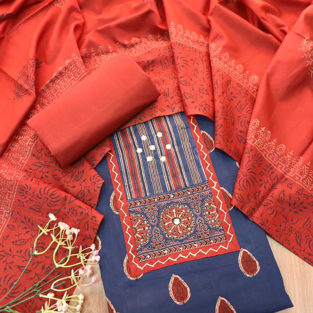 Dashtaan Prussian Blue Kutch Patch with Thread Work Ajrak Printed Cotton Suit Set