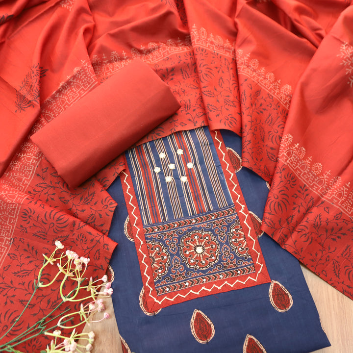 Dashtaan Prussian Blue Kutch Patch with Thread Work Ajrak Printed Cotton Suit Set