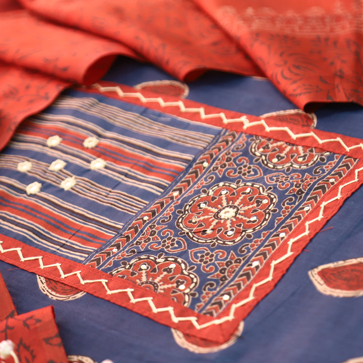 Dashtaan Prussian Blue Kutch Patch with Thread Work Ajrak Printed Cotton Suit Set