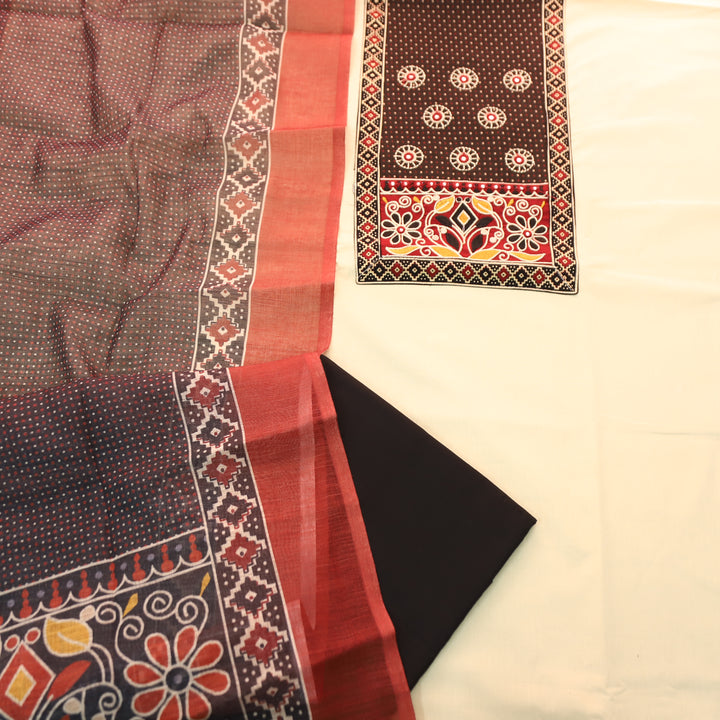 Shanvi Beige with Black Kutch Embroidered with Patra Work CottonSuit Set