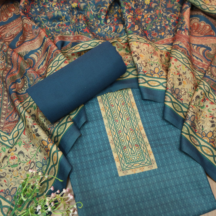आरती Sapphire Blue Digital Kanni Printed Hem Semi Pashmina Winter Set