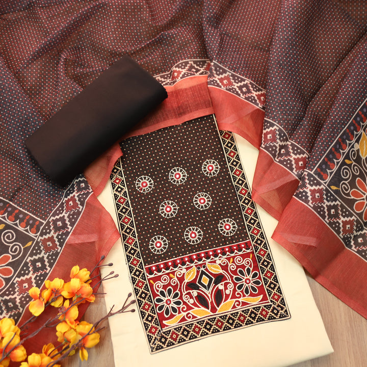 Shanvi Beige with Black Kutch Embroidered with Patra Work CottonSuit Set