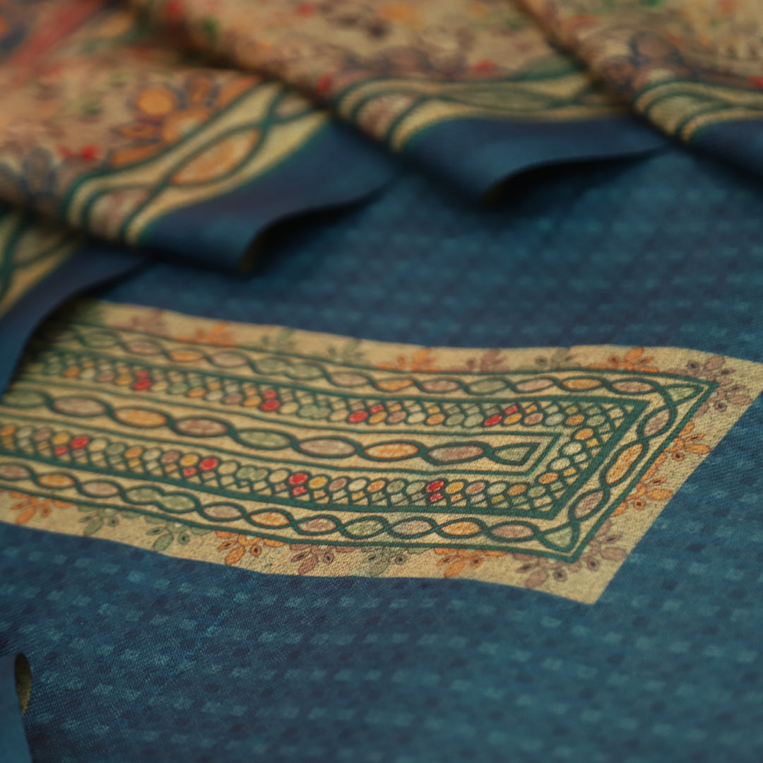 आरती Sapphire Blue Digital Kanni Printed Hem Semi Pashmina Winter Set