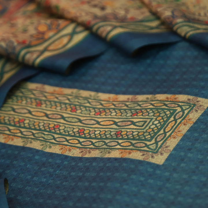 आरती Sapphire Blue Digital Kanni Printed Hem Semi Pashmina Winter Set