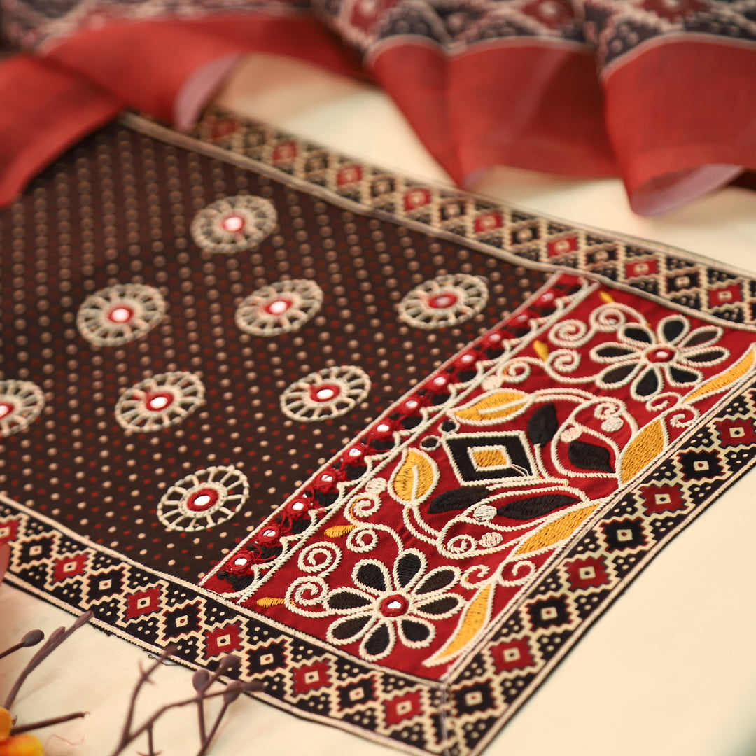 Shanvi Beige with Black Kutch Embroidered with Patra Work CottonSuit Set