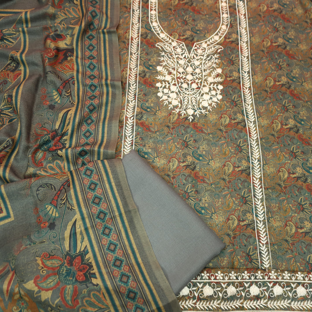 रिया Fossil Grey Kanni Printed with Panel Embroidered Work Semi Pashmina Winter Set