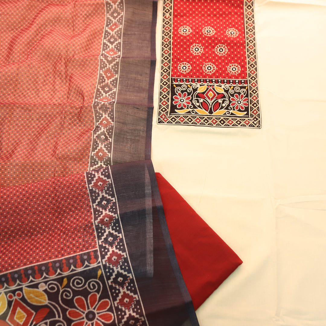 Shanvi Beige with Red Kutch Embroidered with Patra Work CottonSuit Set