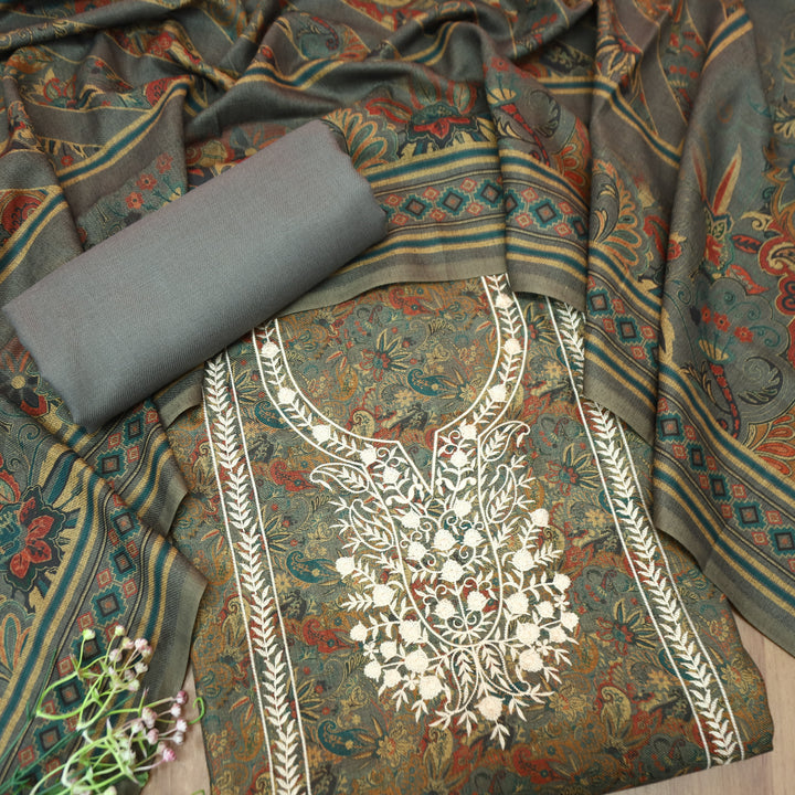रिया Fossil Grey Kanni Printed with Panel Embroidered Work Semi Pashmina Winter Set