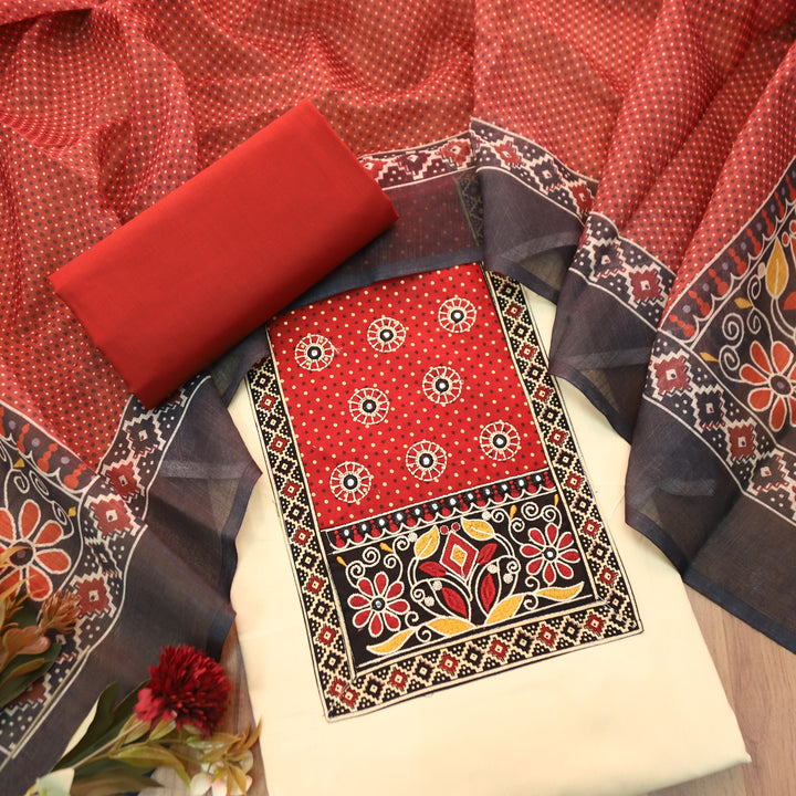 Shanvi Beige with Red Kutch Embroidered with Patra Work CottonSuit Set