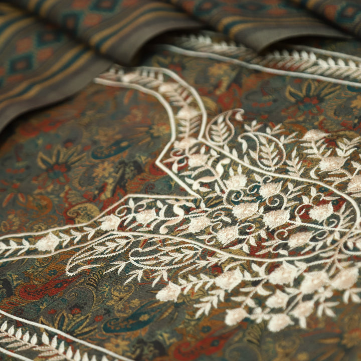 रिया Fossil Grey Kanni Printed with Panel Embroidered Work Semi Pashmina Winter Set