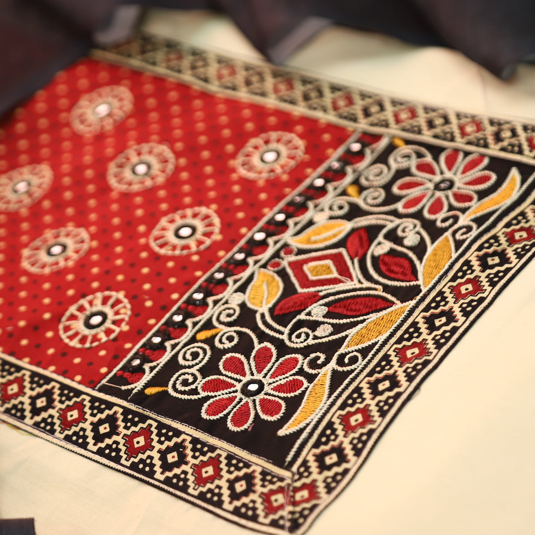 Shanvi Beige with Red Kutch Embroidered with Patra Work CottonSuit Set