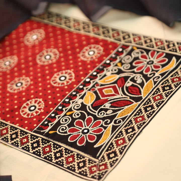 Shanvi Beige with Red Kutch Embroidered with Patra Work CottonSuit Set