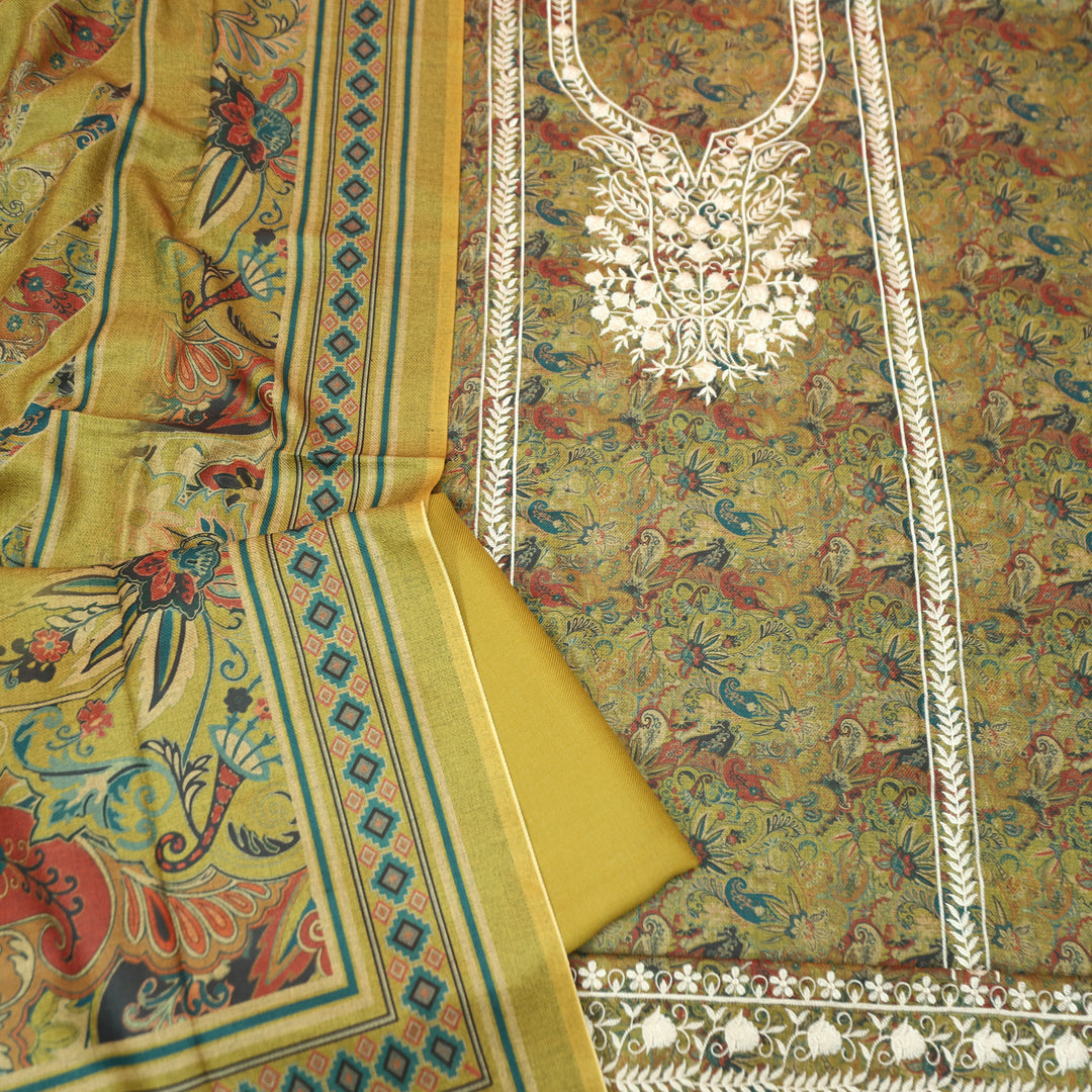 रिया Dijon Yellow Kanni Printed with Panel Embroidered Work Semi Pashmina Winter Set