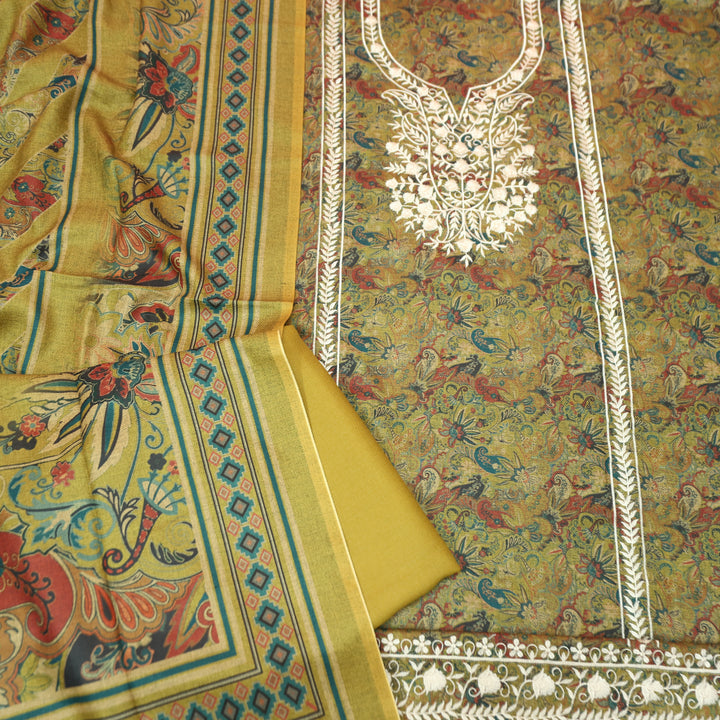 रिया Dijon Yellow Kanni Printed with Panel Embroidered Work Semi Pashmina Winter Set