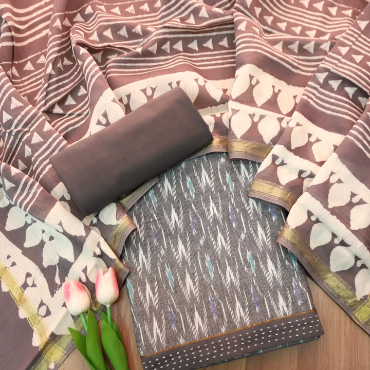 Vandana Shadow Grey All Over Ikkat Inspired Printed Handloom Cotton Suit Set