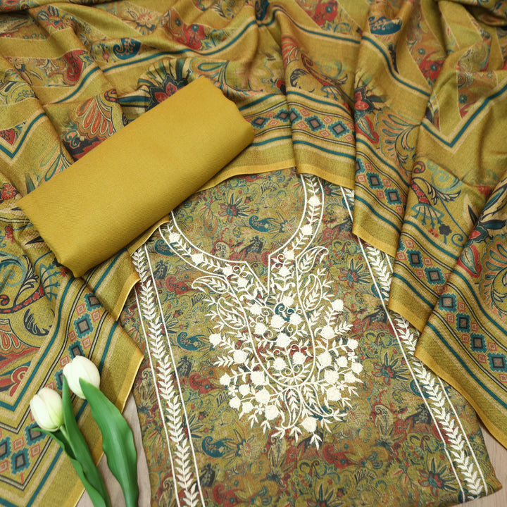 रिया Dijon Yellow Kanni Printed with Panel Embroidered Work Semi Pashmina Winter Set