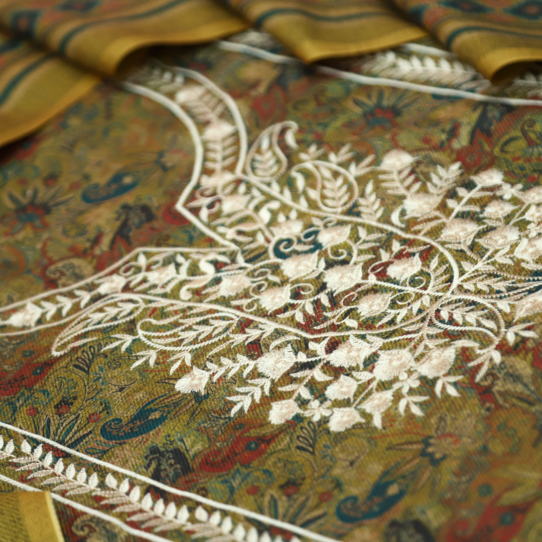 रिया Dijon Yellow Kanni Printed with Panel Embroidered Work Semi Pashmina Winter Set