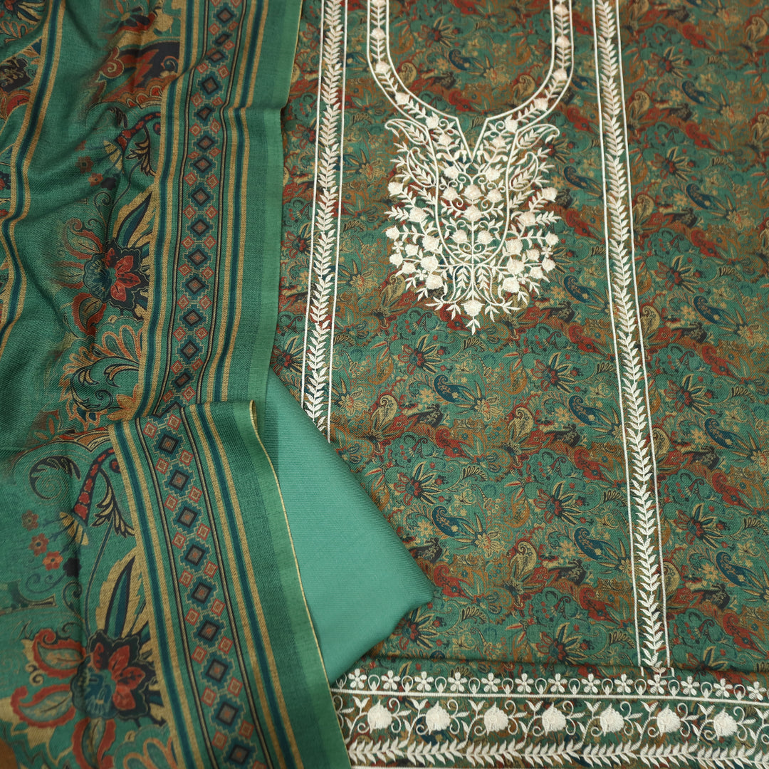 रिया Sea Form Aqua Kanni Printed with Panel Embroidered Work Semi Pashmina Winter Set