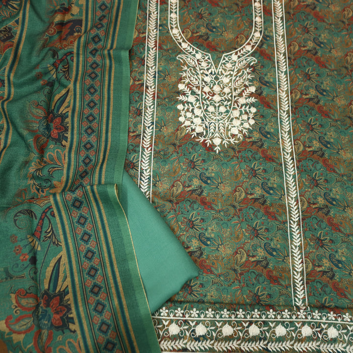 रिया Sea Form Aqua Kanni Printed with Panel Embroidered Work Semi Pashmina Winter Set