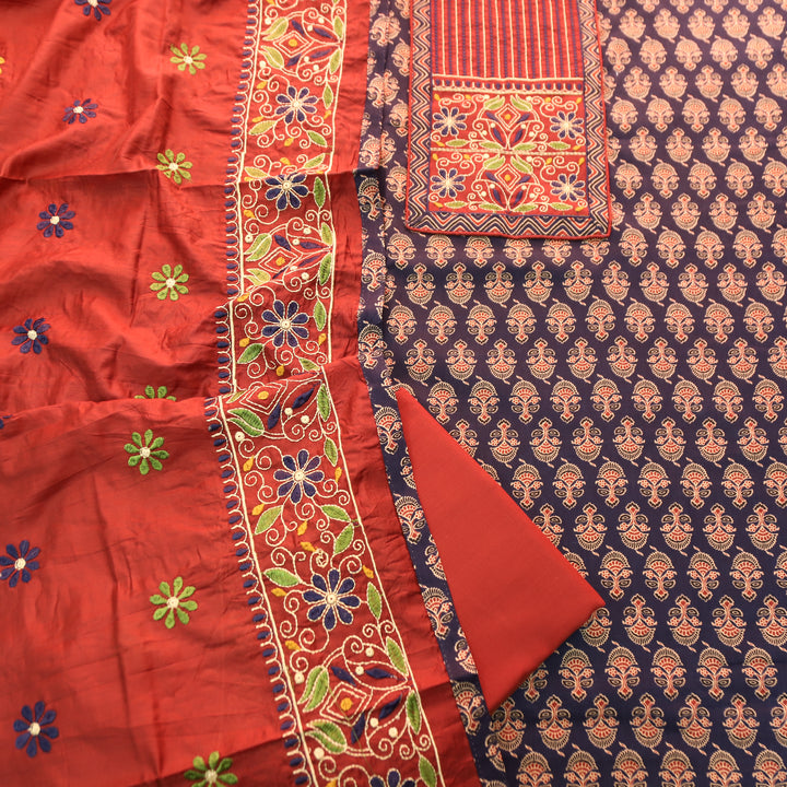 Maurya Navy Blue Kutch Fusion Embroidered Neck Yoke with Ajrak Print Cotton Set