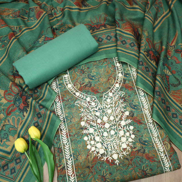 रिया Sea Form Aqua Kanni Printed with Panel Embroidered Work Semi Pashmina Winter Set