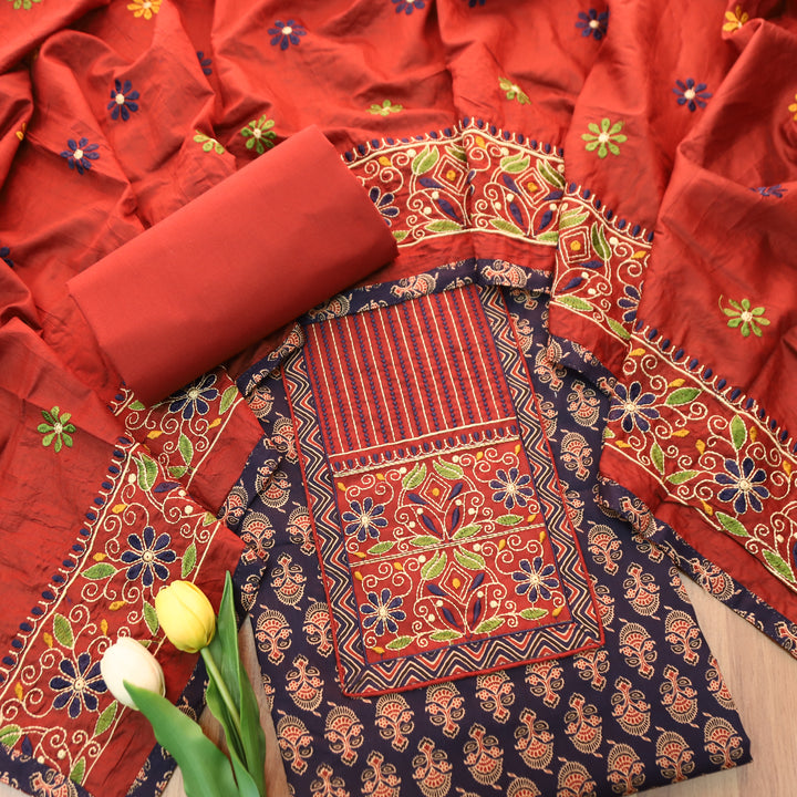 Maurya Navy Blue Kutch Fusion Embroidered Neck Yoke with Ajrak Print Cotton Set