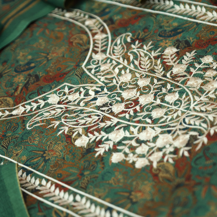 रिया Sea Form Aqua Kanni Printed with Panel Embroidered Work Semi Pashmina Winter Set