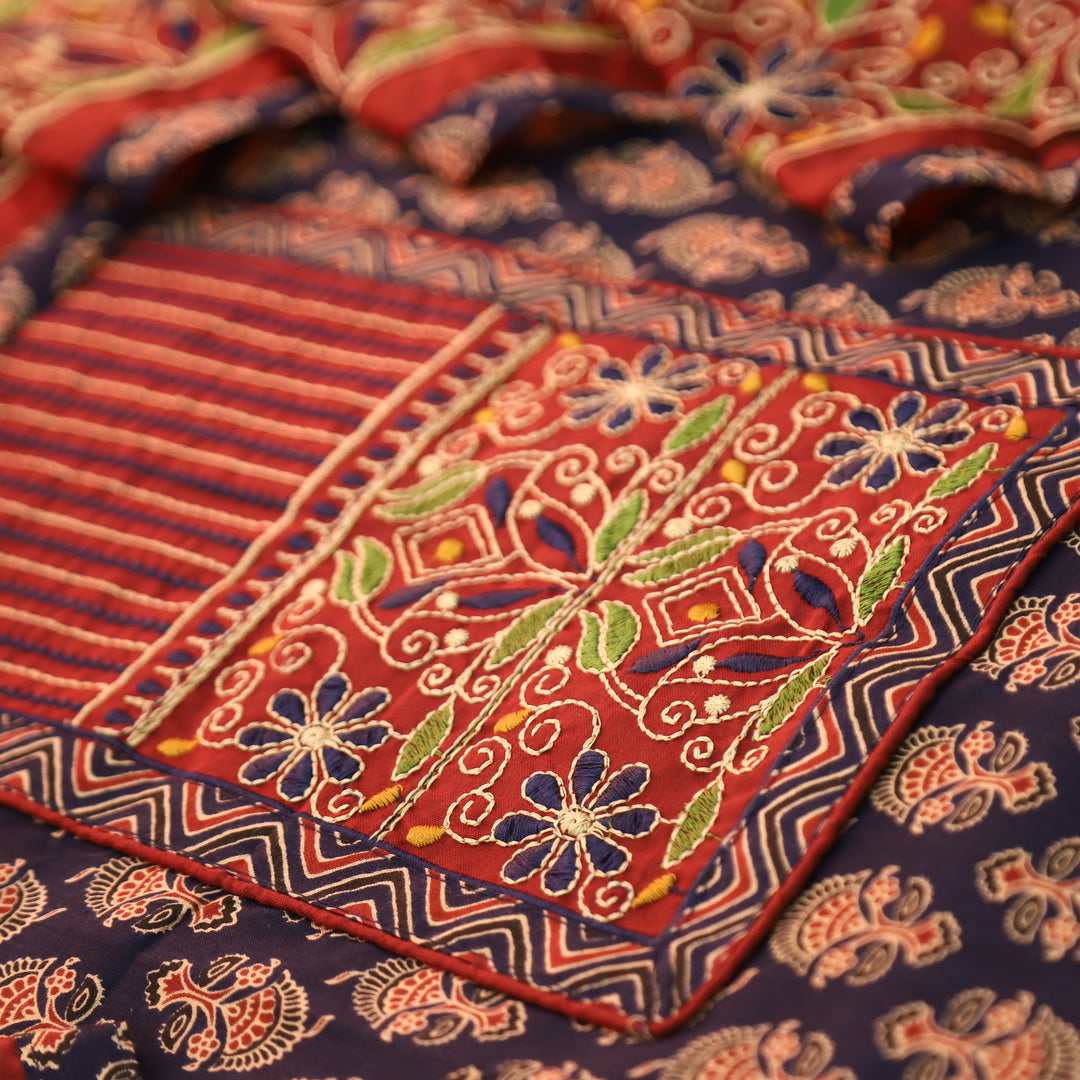 Maurya Navy Blue Kutch Fusion Embroidered Neck Yoke with Ajrak Print Cotton Set