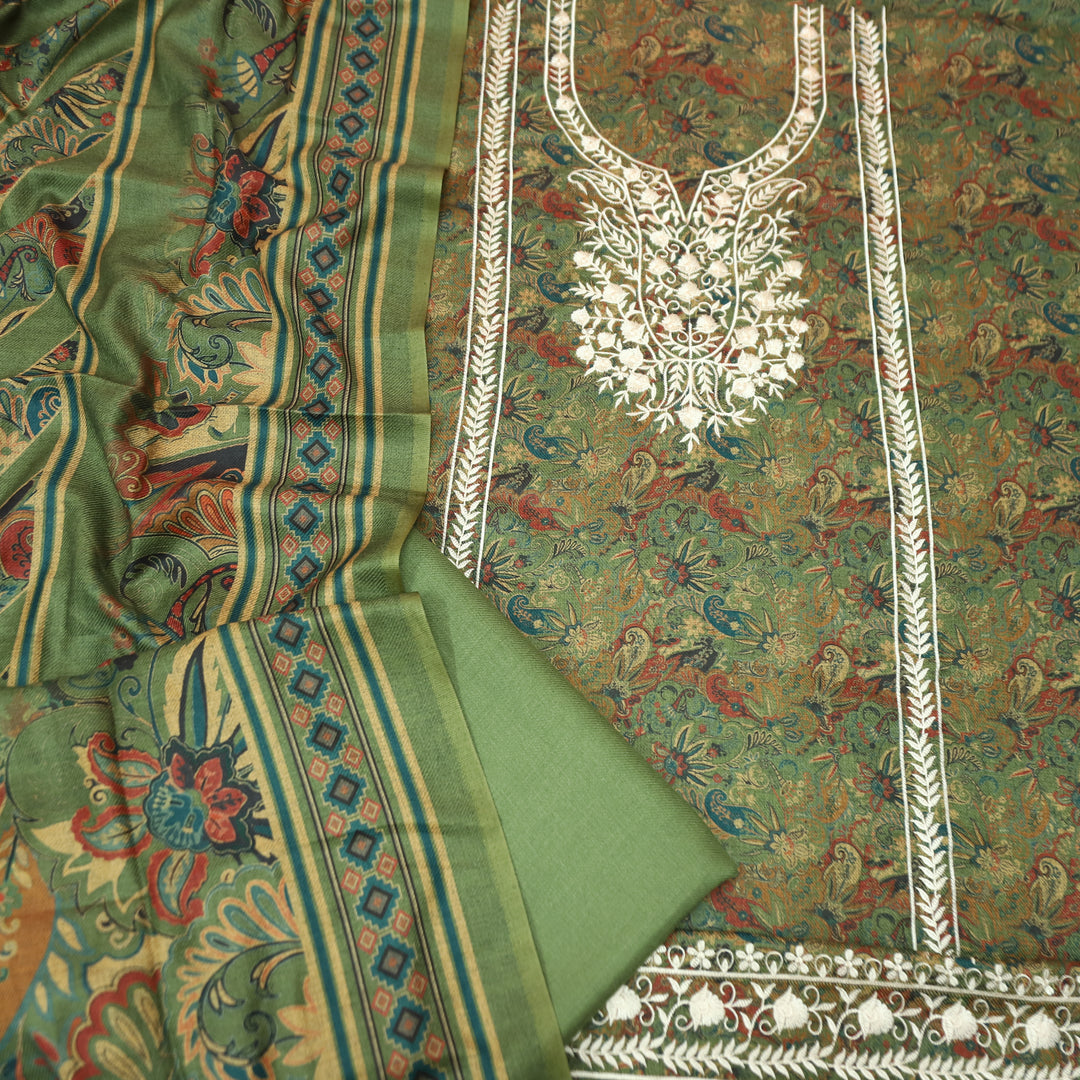 रिया Sage Green Kanni Printed with Panel Embroidered Work Semi Pashmina Winter Set