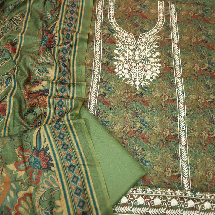 रिया Sage Green Kanni Printed with Panel Embroidered Work Semi Pashmina Winter Set