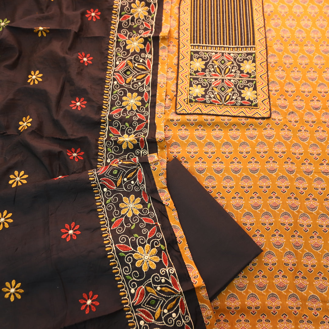 Maurya Dandelion Yellow Kutch Fusion Embroidered Neck Yoke with Ajrak Print Cotton Set