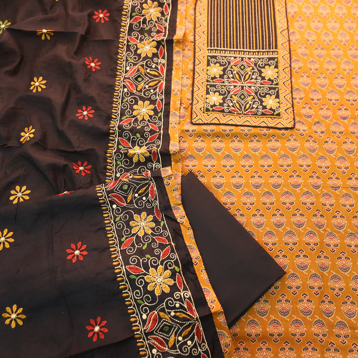 Maurya Dandelion Yellow Kutch Fusion Embroidered Neck Yoke with Ajrak Print Cotton Set