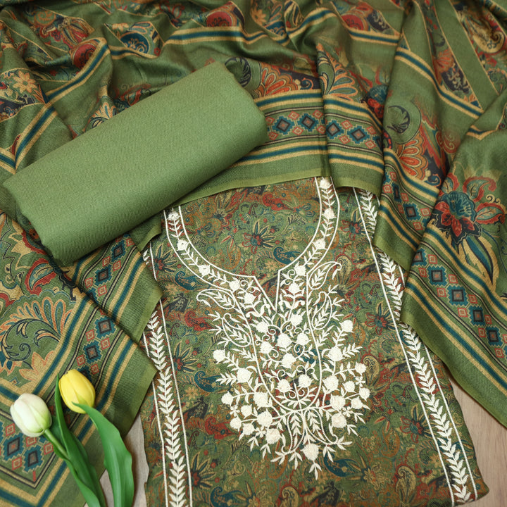 रिया Sage Green Kanni Printed with Panel Embroidered Work Semi Pashmina Winter Set