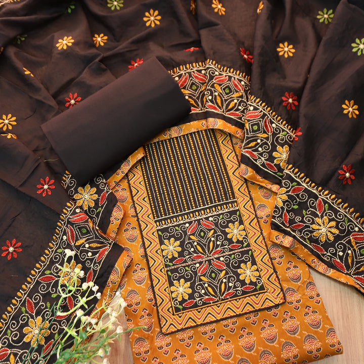 Maurya Dandelion Yellow Kutch Fusion Embroidered Neck Yoke with Ajrak Print Cotton Set