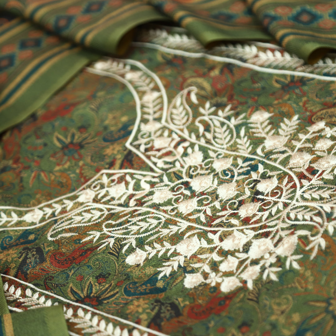 रिया Sage Green Kanni Printed with Panel Embroidered Work Semi Pashmina Winter Set