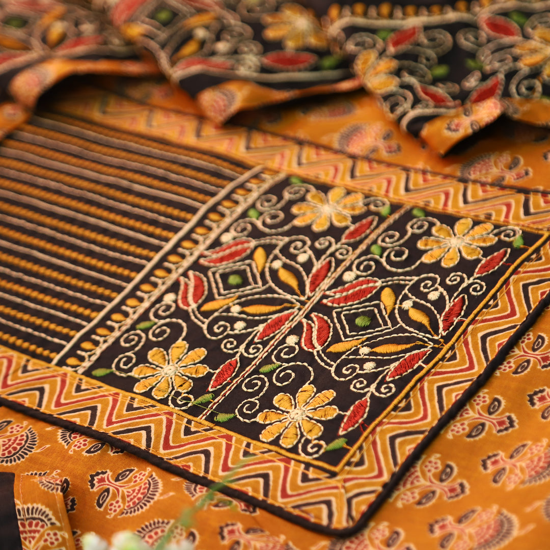 Maurya Dandelion Yellow Kutch Fusion Embroidered Neck Yoke with Ajrak Print Cotton Set