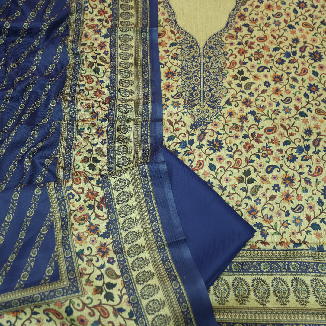 दीवानी Beige with Blue Kanni Floral Printed Work Semi Pashmina winter Set