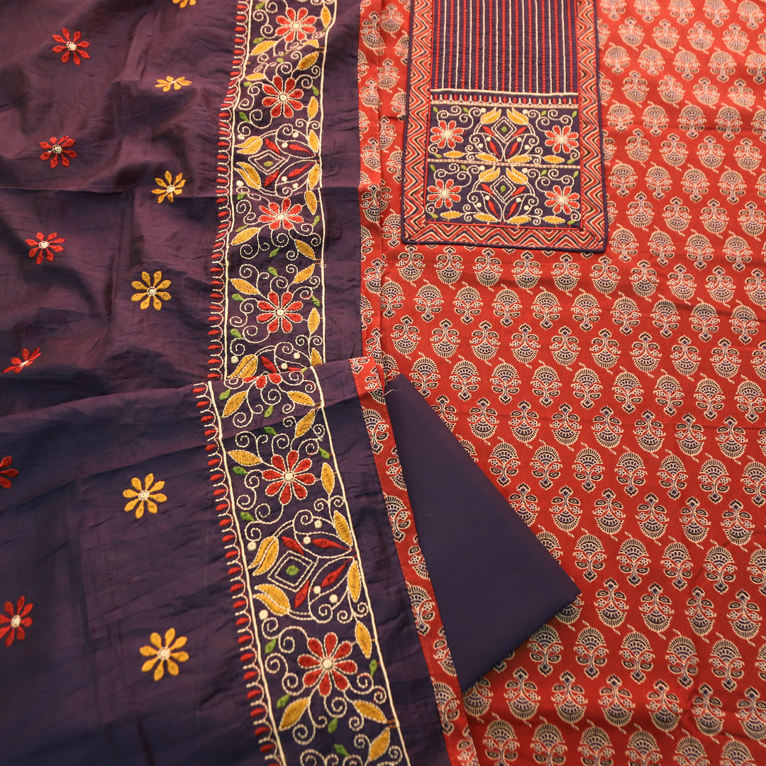 Maurya Cherry Red Kutch Fusion Embroidered Neck Yoke with Ajrak Print Cotton Set